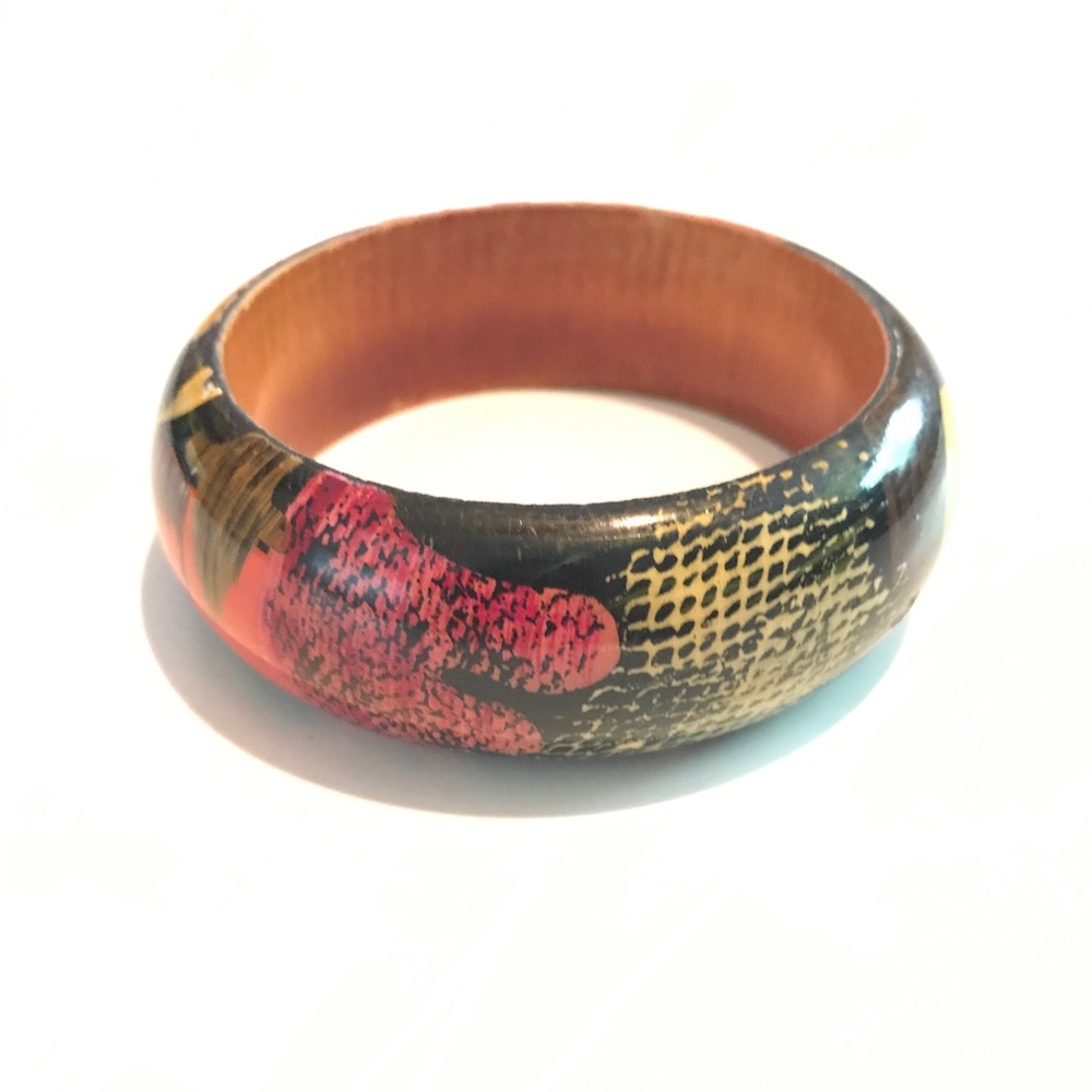 VTG Wood Painted Chunky Bangle Bracelet Abstract